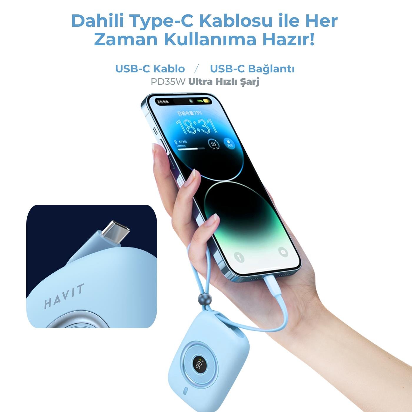 Havit PB5214 PD35W Type-C Kablo 10.000 mAh Powerbank - Pembe