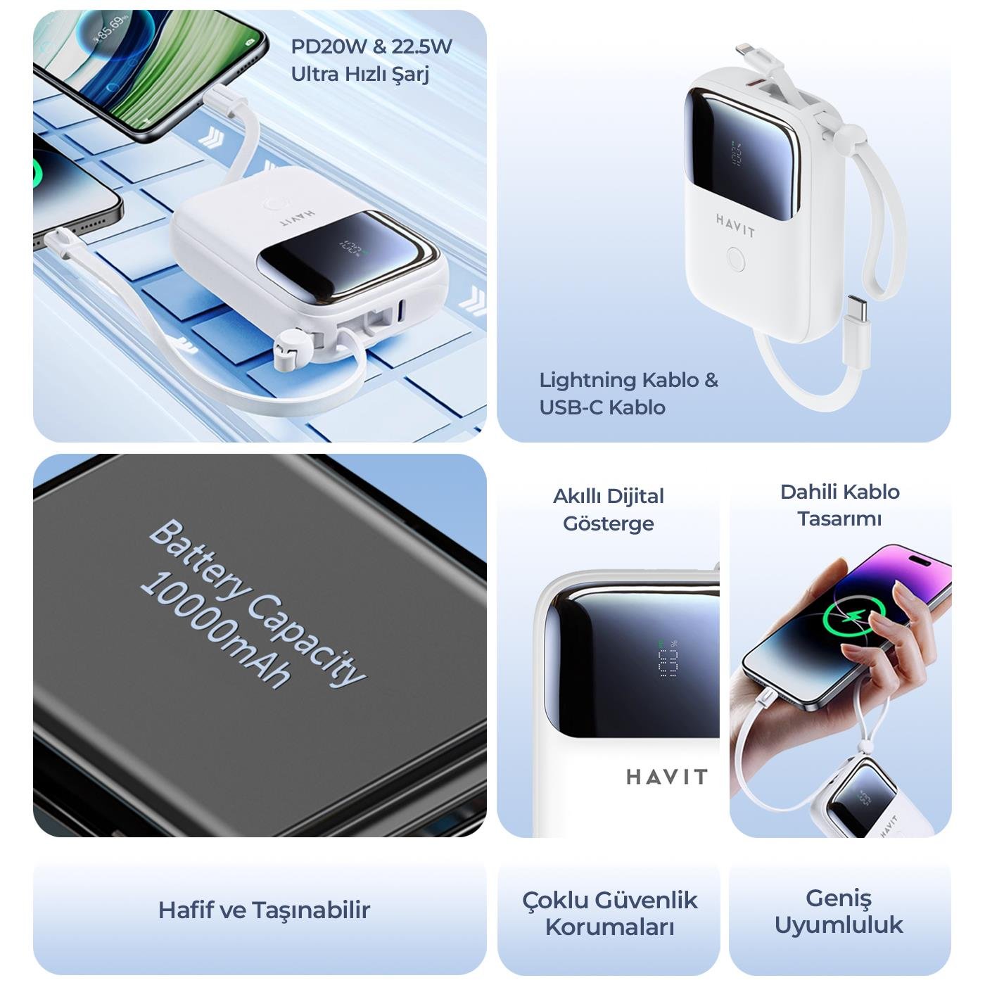 Havit PB5215 PD22.5W Type-C ve Lightning (Iphone) Kablo 10.000 mAh Powerbank - Led Göstegeli - Siyah